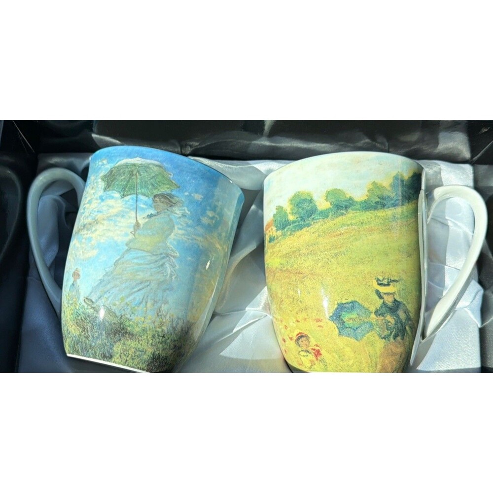 Claude monet scence with women 2 piece mug set bone china new in box